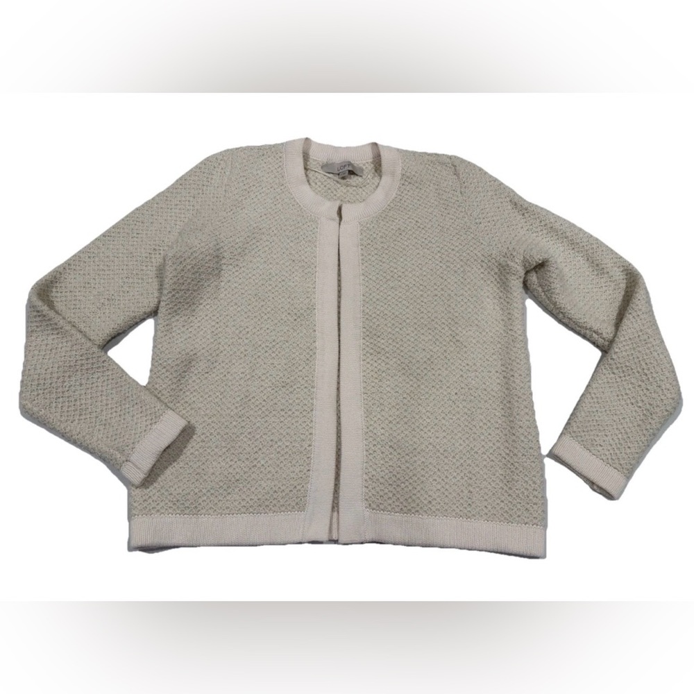 LOFT Women’s Ivory Waffle-Knit Open Cardigan Sweater Long Sleeve Lightweight M